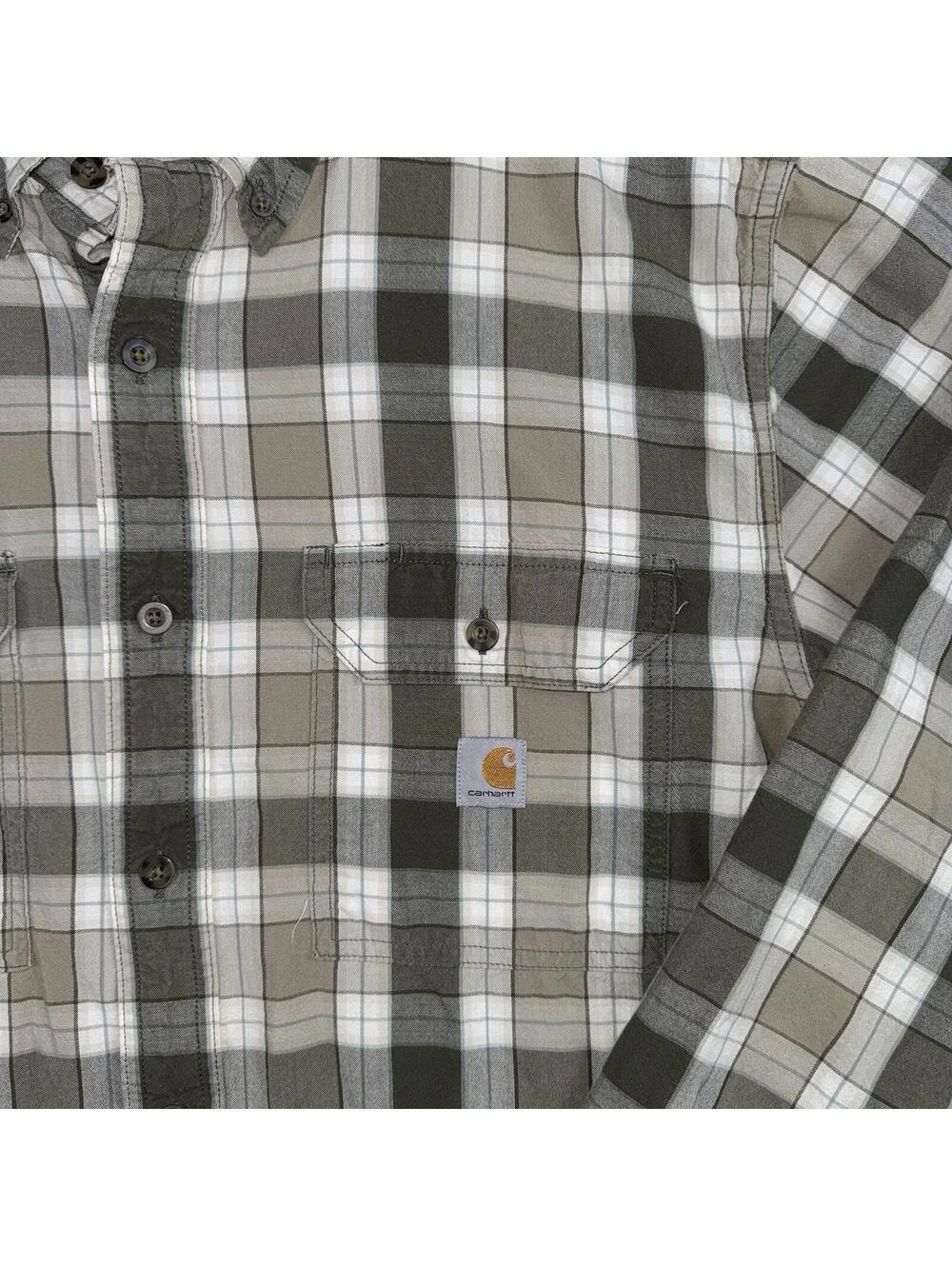 Carhartt Loose Fit Mens Large Plaid Button Front Work Shirt Green Beige Unility - Picture 9 of 9